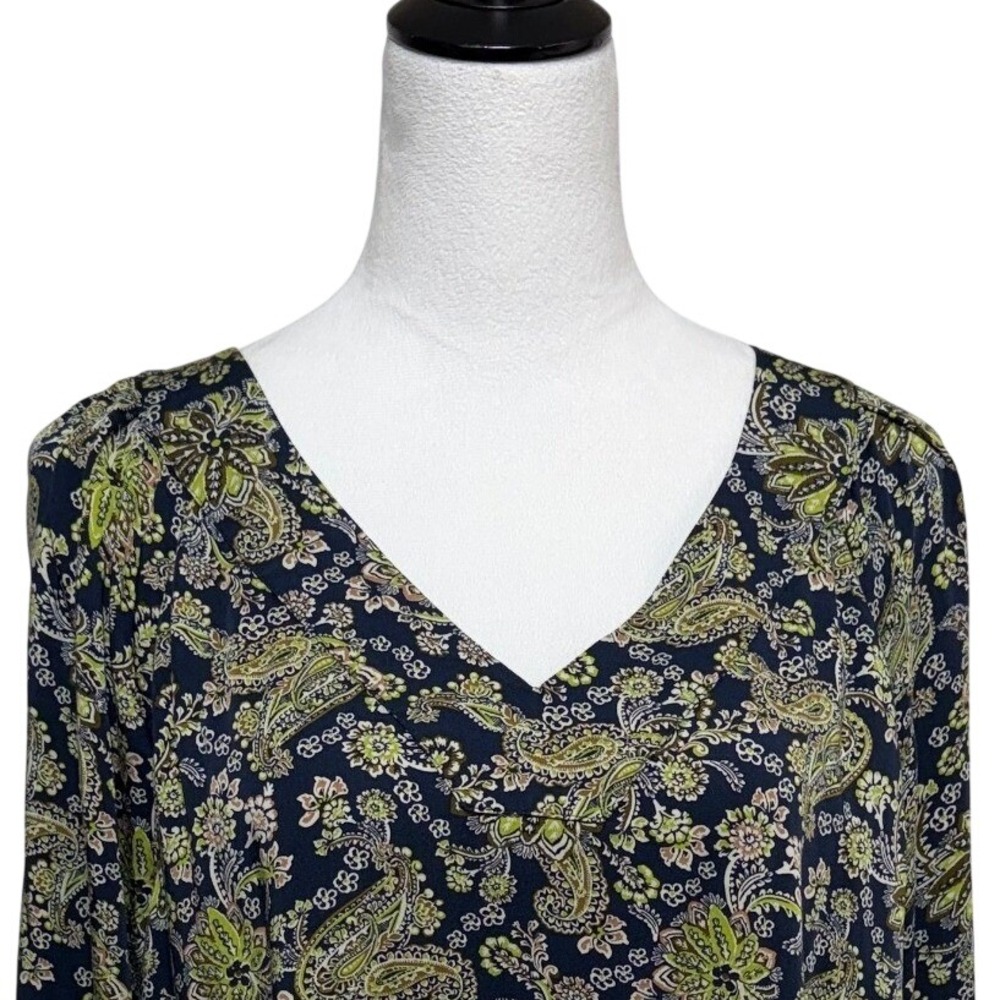 J. Jill Top Womens Large Green Blue Paisley Smocked Cuff Pullover Long Sleeve - Picture 2 of 9